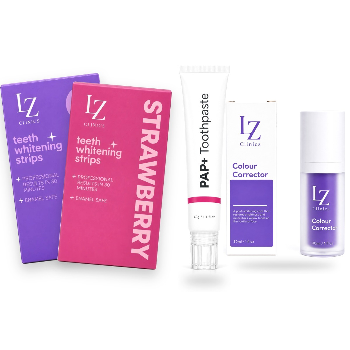 Complete Glimlach Bundel: whitening strips, PAP+ tandpasta en Colour Corrector